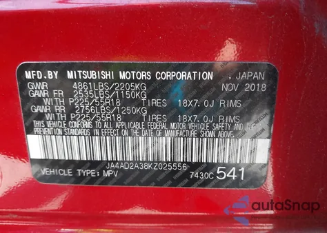 2019 Mitsubishi Outlander Es from USA, damaged, VIN JA4AD2A38KZ025556
